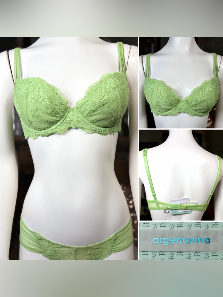Argentovivo Green Leavers Lace Underwire Push-Up Bra, Szs 34c 36c 32d 36d